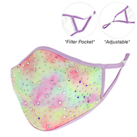 RHINESTONE TIE DYE PRINT FACE MASK W/ FILTER POCKET & ADJUSTABLE ELASTIC EAR STRAP