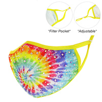 RHINESTONE TIE DYE PRINT FACE MASK W/ FILTER POCKET & ADJUSTABLE ELASTIC EAR STRAP
