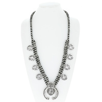 WESTERN SQUASH BLOSSOM ADJUSTABLE NAVAJO PEARL BEADED INDIAN HEAD COIN PENDANT NECKLACE