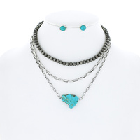 WESTERN NAVAJO PEARL MULTISTRAND ADJUSTABLE LAYERING BEADED CHAIN TURQUOISE SLAB NECKLACE EARRING SET