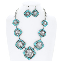 WESTERN AMERICAN BUFFALO SILVER DOLLAR TURQUOISE SEMI STONE ADJUSTABLE CONCHO NECKLACE EARRING SET