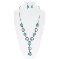 WESTERN AMERICAN BUFFALO SILVER DOLLAR AND TURQUOISE SEMI STONE ADJUSTABLE LARIAT NECKLACE EARRING SET
