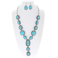 WESTERN OVAL TRIANGLE TURQUOISE SEMI STONE ADJUSTABLE LARIAT NECKLACE EARRING SET