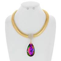 CRYSTAL TEARDROP GEMSTONE VALENTINE'S DAY ADJUSTABLE NECKLACE EARRINGS SET