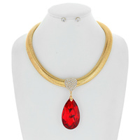 CRYSTAL TEARDROP GEMSTONE VALENTINE'S DAY ADJUSTABLE NECKLACE EARRINGS SET