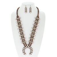 WESTERN SQUASH BLOSSOM NAVAJO PEARL ADJUSTABLE TURQUOISE SEMI STONE NECKLACE EARRING SET