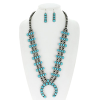WESTERN SQUASH BLOSSOM NAVAJO PEARL ADJUSTABLE TURQUOISE SEMI STONE NECKLACE EARRING SET