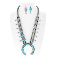 WESTERN SQUASH BLOSSOM NAVAJO PEARL ADJUSTABLE TURQUOISE SEMI STONE NECKLACE EARRING SET
