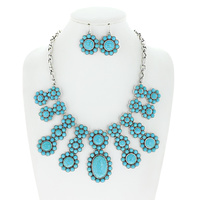 TURQUOISE SEMI STONE CONCHO ADJUSTABLE TASSEL BIB WESTERN CHAIN NECKLACE EARRINGS SET