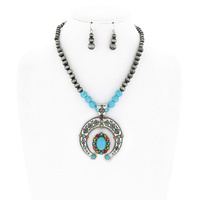 WESTERN NAVAJO PEARL TURQUOISE SEMI STONE SQUASH BLOSSOM BEADED ADJUSTABLE NECKLACE EARRING SET