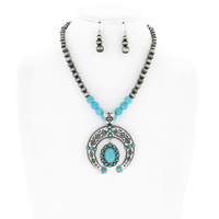 WESTERN NAVAJO PEARL TURQUOISE SEMI STONE SQUASH BLOSSOM BEADED ADJUSTABLE NECKLACE EARRING SET