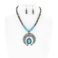 WESTERN NAVAJO PEARL TURQUOISE SEMI STONE SQUASH BLOSSOM BEADED ADJUSTABLE NECKLACE EARRING SET