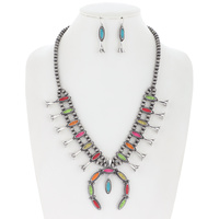 24" WESTERN NAVAJO PEARL SQUASH BLOSSOM TURQUOISE SEMI STONE ADJUSTABLE BEADED NECKLACE EARRINGS SET