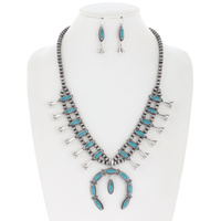 24" WESTERN NAVAJO PEARL SQUASH BLOSSOM TURQUOISE SEMI STONE ADJUSTABLE BEADED NECKLACE EARRINGS SET