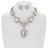 CRYSTAL RHINESTONE OCTAGON CUT FLORAL ADJUSTABLE NECKLACE EARRING SET