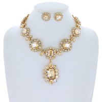 CRYSTAL RHINESTONE OCTAGON CUT FLORAL ADJUSTABLE NECKLACE EARRING SET