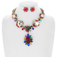 CRYSTAL RHINESTONE OCTAGON CUT FLORAL ADJUSTABLE NECKLACE EARRING SET