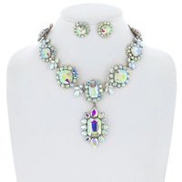 CRYSTAL RHINESTONE OCTAGON CUT FLORAL ADJUSTABLE NECKLACE EARRING SET