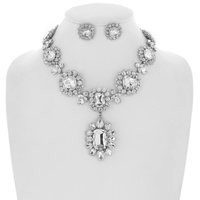 CRYSTAL RHINESTONE OCTAGON CUT FLORAL ADJUSTABLE NECKLACE EARRING SET