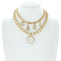 2-PIECE FASHIONISTA NUMBER FIVE MULTISTRANDED LEATHER WOVEN MULTI CHARM FLORAL CHAIN LINK LAYERING NECKLACES