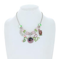 HOWARD UNIVERSITY 1908 ALPHA KAPPA ALPHA GREEK SORORITY ENAMEL COATED CRYSTAL RHINESTONE ADJUSTABLE MULTI CHARM NECKLACE IN SILV