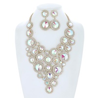 CRYSTAL RHINESTONE DISC CLUSTER ADJUSTABLE BIB NECKLACE EARRING SET