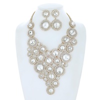 CRYSTAL RHINESTONE DISC CLUSTER ADJUSTABLE BIB NECKLACE EARRING SET