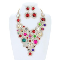 CRYSTAL RHINESTONE DISC CLUSTER ADJUSTABLE BIB NECKLACE EARRING SET