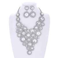 CRYSTAL RHINESTONE DISC CLUSTER ADJUSTABLE BIB NECKLACE EARRING SET