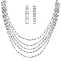 5-ROW CRYSTAL RHINESTONE AND PEARL ADJUSTABLE MULTISTRAND NECKLACE EARRING SET