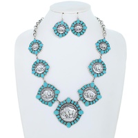 WESTERN AMERICAN BUFFALO SILVER DOLLAR TURQUOISE SEMI STONE ADJUSTABLE CONCHO NECKLACE EARRING SET