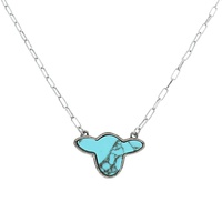 WESTERN TURQUOISE SEMI STONE COW HEAD PENDANT ADJUSTABLE PAPERCLIP CHAIN NECKLACE