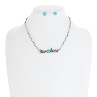 WESTERN TURQUOISE SEMI STONE "YEEHAW" PENDANT ADJUSTABLE PAPERCLIP CHAIN NECKLACE EARRING SET
