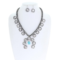 WESTERN AMERICAN BUFFALO COIN SQUASH BLOSSOM NAVAJO PEARL BEADED ADJUSTABLE TURQUOISE SEMI STONE NECKLACE EARRING SET