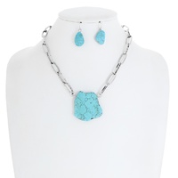 WESTERN TURQUOISE SEMI STONE SLAB PENDANT ADJUSTABLE PAPERCLIP CHAIN NECKLACE EARRING SET