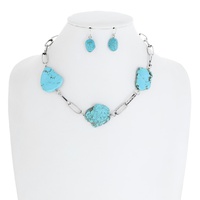 WESTERN TURQUOISE SEMI STONE SLAB LINK ADJUSTABLE PAPERCLIP CHAIN NECKLACE EARRING SET