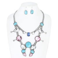 WESTERN CRYSTAL RHINESTONE SQUASH BLOSSOM ADJUSTABLE MULTI STRAND CHAIN LINK NECKLACE EARRING SET IN OXIDIZED SILVER TONE METAL