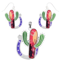 CACTUS HORSESHOE ENAMEL PENDANT EARRING SET