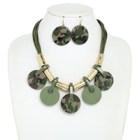 ACETATE DISC FRINGE BEADED CORD BIB NECKLACE SET