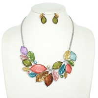 JEWELED LEAF BRANCH CLUSTER BIB NECKLACE SET