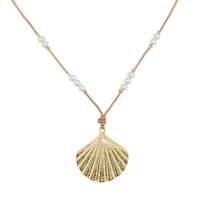 SCALLOPED SEASHELL PEARL BEADED CORD NECKLACE