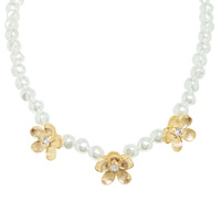 RHINESTONE METAL FLOWERS PEARL BEADED NECKLACE