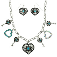 WESTERN THEME JEWELED HEART CHARM NECKLACE SET