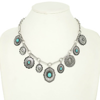 WESTERN FLORAL TURQUOISE CONCHO CHARM NECKLACE