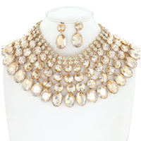 CRYSTAL GLASS BIB ADJUSTABLE STATEMENT NECKLACE AND 2-TIER DANGLE AND DROP EARRING SET
