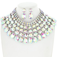 CRYSTAL GLASS BIB ADJUSTABLE STATEMENT NECKLACE AND 2-TIER DANGLE AND DROP EARRING SET