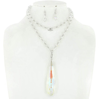 2 LINE BEADED NECKLACE W/ OBLONG TEARDROP NECKLACE AND EARRINGS SET