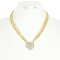 RHINESTONE HEART PENDANT MULTI CHAIN NECKLACE AND EARRINGS SET