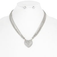 RHINESTONE HEART PENDANT MULTI CHAIN NECKLACE AND EARRINGS SET