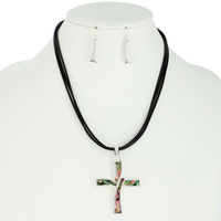 CROSS ABALONE SHELL INLAY PENDANT NECKLACE AND EARRINGS SET
